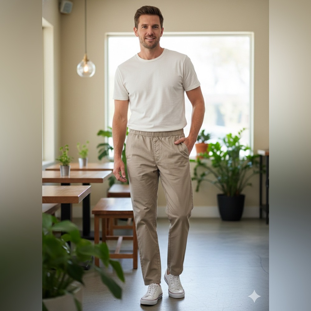 PACT M Daily Twill Midweight Pant 32" Organic Cotton Elastic Waist Khaki Tan